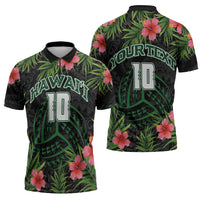 Custom Hawaii Volleyball Zipper Polo Shirt Kakau Abstract and Tropical Plants Black Color - Polynesian Pride