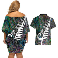 New Zealand Couples Matching Off Shoulder Short Dress and Hawaiian Shirt Aotearoa Symbols With Silver Fern LT03 - Polynesian Pride