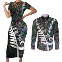 New Zealand Couples Matching Short Sleeve Bodycon Dress and Long Sleeve Button Shirt Aotearoa Symbols With Silver Fern LT03 Black - Polynesian Pride