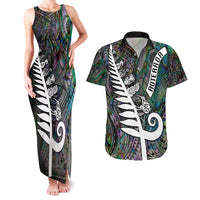 New Zealand Couples Matching Tank Maxi Dress and Hawaiian Shirt Aotearoa Symbols With Silver Fern LT03 Black - Polynesian Pride