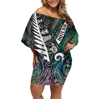 Personalized New Zealand Family Matching Off Shoulder Short Dress and Hawaiian Shirt Aotearoa Symbols With Silver Fern LT03 Mom's Dress Black - Polynesian Pride