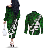 New Zealand Couples Matching Off The Shoulder Long Sleeve Dress and Long Sleeve Button Shirt Silver Fern and Maori Symbols Papua Shell Green Style LT03 - Polynesian Pride