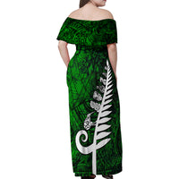 New Zealand Family Matching Off Shoulder Maxi Dress and Hawaiian Shirt Silver Fern and Maori Symbols Papua Shell Green Style LT03 - Polynesian Pride