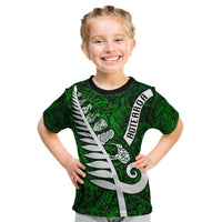 New Zealand Kid T Shirt Silver Fern and Maori Symbols Papua Shell Green Style LT03 Green - Polynesian Pride