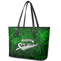 New Zealand Leather Tote Bag Silver Fern and Maori Symbols Papua Shell Green Style LT03 - Polynesian Pride