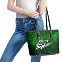 New Zealand Leather Tote Bag Silver Fern and Maori Symbols Papua Shell Green Style LT03 - Polynesian Pride