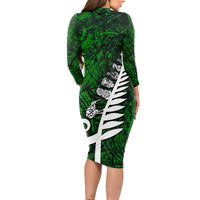 New Zealand Long Sleeve Bodycon Dress Silver Fern and Maori Symbols Papua Shell Green Style LT03 - Polynesian Pride
