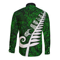 New Zealand Long Sleeve Button Shirt Silver Fern and Maori Symbols Papua Shell Green Style LT03 - Polynesian Pride