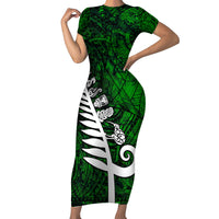 New Zealand Short Sleeve Bodycon Dress Silver Fern and Maori Symbols Papua Shell Green Style LT03 Long Dress Green - Polynesian Pride