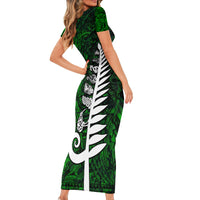 New Zealand Short Sleeve Bodycon Dress Silver Fern and Maori Symbols Papua Shell Green Style LT03 - Polynesian Pride