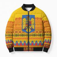 Romania Merry Christmas Bomber Puffer Jacket Romania Emblem Traditional Folk Art - Polynesian Pride