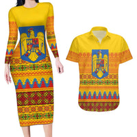 Romania Merry Christmas Couples Matching Long Sleeve Bodycon Dress and Hawaiian Shirt Romania Emblem Traditional Folk Art - Polynesian Pride