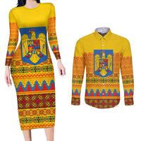 Romania Merry Christmas Couples Matching Long Sleeve Bodycon Dress and Long Sleeve Button Shirt Romania Emblem Traditional Folk Art - Polynesian Pride