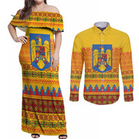 Romania Merry Christmas Couples Matching Off Shoulder Maxi Dress and Long Sleeve Button Shirt Romania Emblem Traditional Folk Art - Polynesian Pride