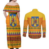 Romania Merry Christmas Couples Matching Off Shoulder Maxi Dress and Long Sleeve Button Shirt Romania Emblem Traditional Folk Art - Polynesian Pride