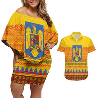 Romania Merry Christmas Couples Matching Off Shoulder Short Dress and Hawaiian Shirt Romania Emblem Traditional Folk Art - Polynesian Pride