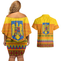 Romania Merry Christmas Couples Matching Off Shoulder Short Dress and Hawaiian Shirt Romania Emblem Traditional Folk Art - Polynesian Pride