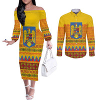 Romania Merry Christmas Couples Matching Off The Shoulder Long Sleeve Dress and Long Sleeve Button Shirt Romania Emblem Traditional Folk Art - Polynesian Pride
