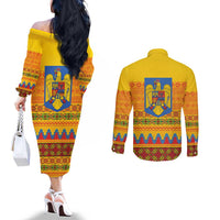 Romania Merry Christmas Couples Matching Off The Shoulder Long Sleeve Dress and Long Sleeve Button Shirt Romania Emblem Traditional Folk Art - Polynesian Pride