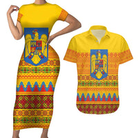 Romania Merry Christmas Couples Matching Short Sleeve Bodycon Dress and Hawaiian Shirt Romania Emblem Traditional Folk Art - Polynesian Pride