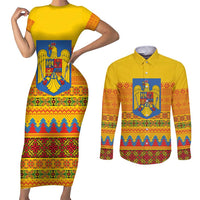 Romania Merry Christmas Couples Matching Short Sleeve Bodycon Dress and Long Sleeve Button Shirt Romania Emblem Traditional Folk Art - Polynesian Pride