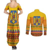 Romania Merry Christmas Couples Matching Summer Maxi Dress and Long Sleeve Button Shirt Romania Emblem Traditional Folk Art - Polynesian Pride