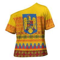 Romania Merry Christmas Cross Shoulder Shirt Romania Emblem Traditional Folk Art - Polynesian Pride