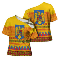Romania Merry Christmas Cross Shoulder Shirt Romania Emblem Traditional Folk Art - Polynesian Pride