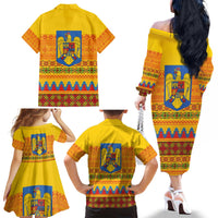 Romania Merry Christmas Family Matching Off The Shoulder Long Sleeve Dress and Hawaiian Shirt Romania Emblem Traditional Folk Art - Polynesian Pride