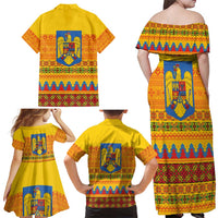 Romania Merry Christmas Family Matching Off Shoulder Maxi Dress and Hawaiian Shirt Romania Emblem Traditional Folk Art - Polynesian Pride