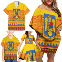 Romania Merry Christmas Family Matching Off Shoulder Short Dress and Hawaiian Shirt Romania Emblem Traditional Folk Art - Polynesian Pride
