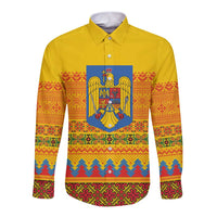 Romania Merry Christmas Long Sleeve Button Shirt Romania Emblem Traditional Folk Art - Polynesian Pride