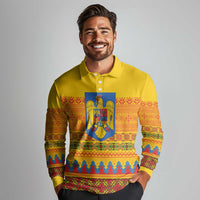 Romania Merry Christmas Long Sleeve Polo Shirt Romania Emblem Traditional Folk Art - Polynesian Pride