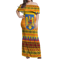 Romania Merry Christmas Off Shoulder Maxi Dress Romania Emblem Traditional Folk Art - Polynesian Pride