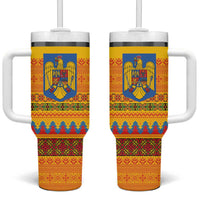 Romania Merry Christmas Tumbler With Handle Romania Emblem Traditional Folk Art - Polynesian Pride