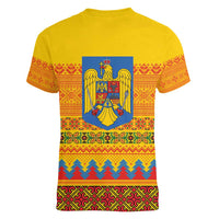 Romania Merry Christmas Women V-Neck T-Shirt Romania Emblem Traditional Folk Art - Polynesian Pride