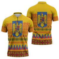 Romania Merry Christmas Zipper Polo Shirt Romania Emblem Traditional Folk Art - Polynesian Pride