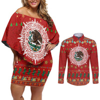 Mexico Merry Christmas Couples Matching Off Shoulder Short Dress and Long Sleeve Button Shirt Mexican Cultural Emblem Xmas Style - Polynesian Pride