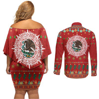 Mexico Merry Christmas Couples Matching Off Shoulder Short Dress and Long Sleeve Button Shirt Mexican Cultural Emblem Xmas Style - Polynesian Pride