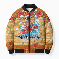 Hawaii Mele Kalikimaka Bomber Puffer Jacket Funny Santa Claus Surfing on Tropical Plants - Polynesian Pride