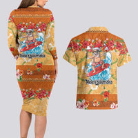 Hawaii Mele Kalikimaka Couples Matching Long Sleeve Bodycon Dress and Hawaiian Shirt Funny Santa Claus Surfing on Tropical Plants - Polynesian Pride