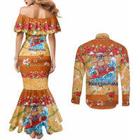 Hawaii Mele Kalikimaka Couples Matching Mermaid Dress and Long Sleeve Button Shirt Funny Santa Claus Surfing on Tropical Plants - Polynesian Pride