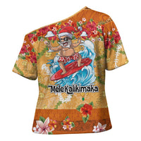 Hawaii Mele Kalikimaka Cross Shoulder Shirt Funny Santa Claus Surfing on Tropical Plants - Polynesian Pride