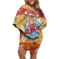 Hawaii Mele Kalikimaka Family Matching Off Shoulder Short Dress and Hawaiian Shirt Funny Santa Claus Surfing on Tropical Plants - Polynesian Pride