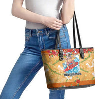 Hawaii Mele Kalikimaka Leather Tote Bag Funny Santa Claus Surfing on Tropical Plants - Polynesian Pride