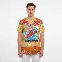 Hawaii Mele Kalikimaka Scrub Top Funny Santa Claus Surfing on Tropical Plants - Polynesian Pride