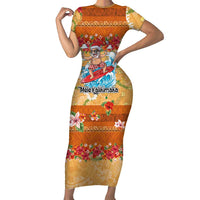 Hawaii Mele Kalikimaka Short Sleeve Bodycon Dress Funny Santa Claus Surfing on Tropical Plants LT03 Long Dress Multicolor - Polynesian Pride