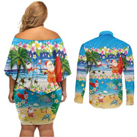 Polynesian Merry Christmas Couples Matching Off Shoulder Short Dress and Long Sleeve Button Shirt Funny Santa Beach Tropical Plant and Turtle - Polynesian Pride