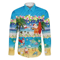Polynesian Merry Christmas Family Matching Short Sleeve Bodycon Dress and Hawaiian Shirt Funny Santa Beach Tropical Plant and Turtle LT03 Dad's Shirt - Long Sleeve Multicolor - Polynesian Pride