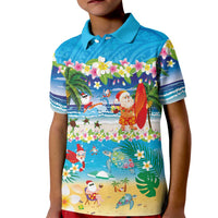 Polynesian Merry Christmas Kid Polo Shirt Funny Santa Beach Tropical Plant and Turtle LT03 Kid Multicolor - Polynesian Pride
